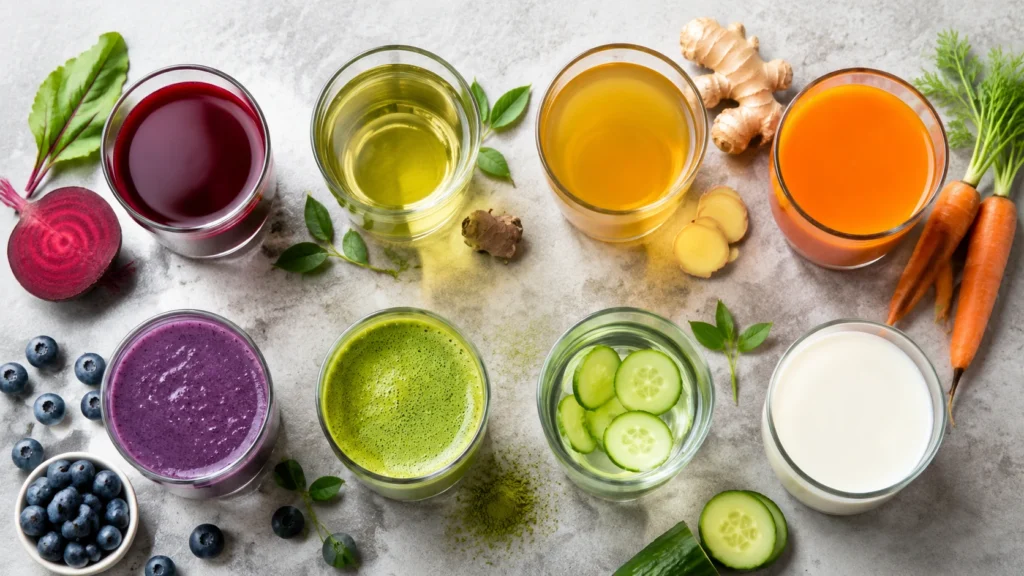 Eight health drinks in glasses including beet juice, green tea, ginger tea, carrot juice, blueberry smoothie, matcha, cucumber water and milk