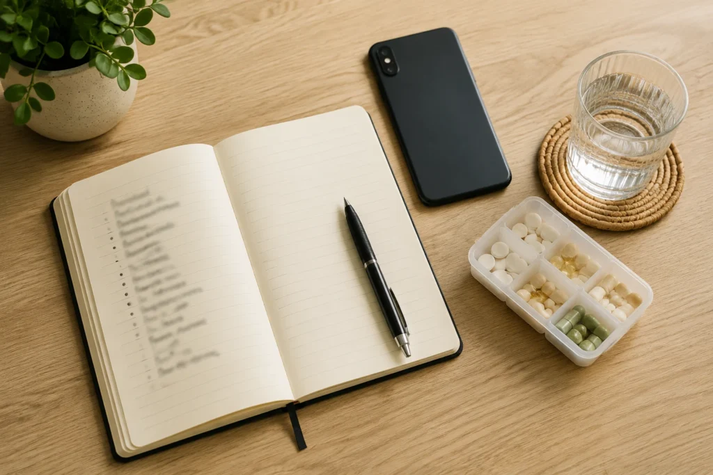 Open notebook with a handwritten list beside a pen, phone and pill organizer for preparing questions before an appointment — place under "How to Describe Symptoms to Your Doctor"