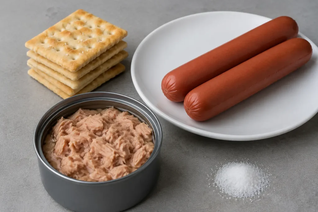 Saltine crackers, hot dogs and canned tuna on a plain surface with visible salt representing high sodium processed foods