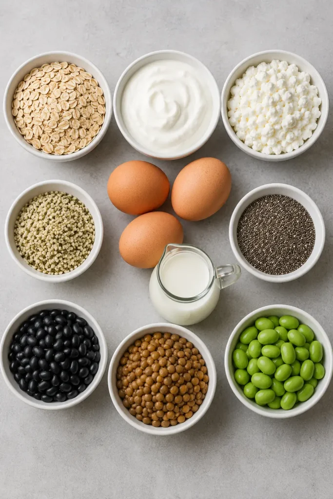 Bowls of oats, Greek yogurt, cottage cheese, hemp seeds, black beans, lentils and edamame with eggs and milk