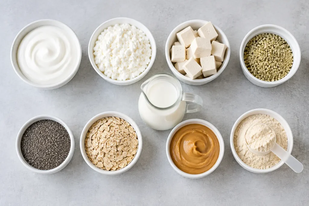 Small bowls of Greek yogurt, cottage cheese, silken tofu, hemp seeds, oats, peanut butter and protein powder as smoothie protein sources