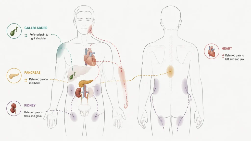 Diagram showing referred pain pathways from gallbladder to right shoulder, heart to left arm and jaw, and pancreas to mid back