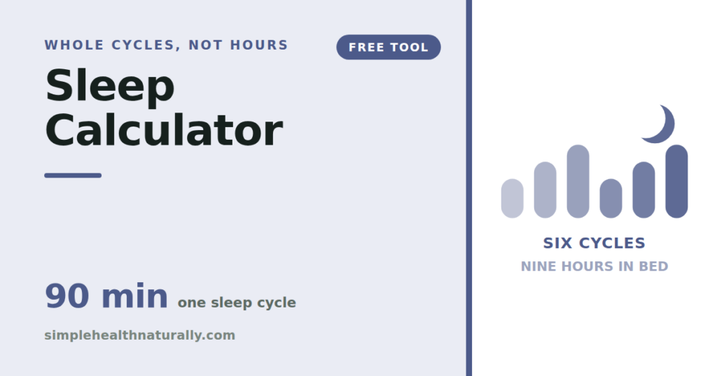 Sleep calculator showing six ninety minute sleep cycles across the night