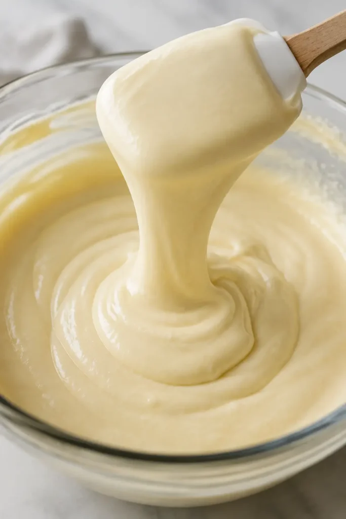 Spatula lifting smooth lump free cheesecake batter from a mixing bowl