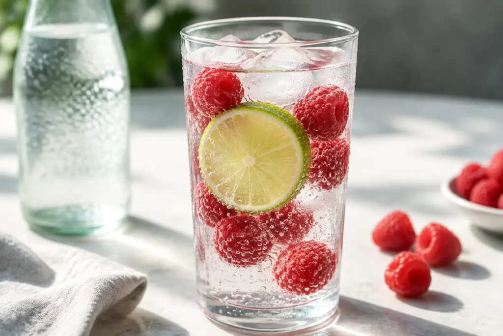 Tall glass of sparkling water with raspberries, lime and rising bubbles — place under "Sparkling Versions"