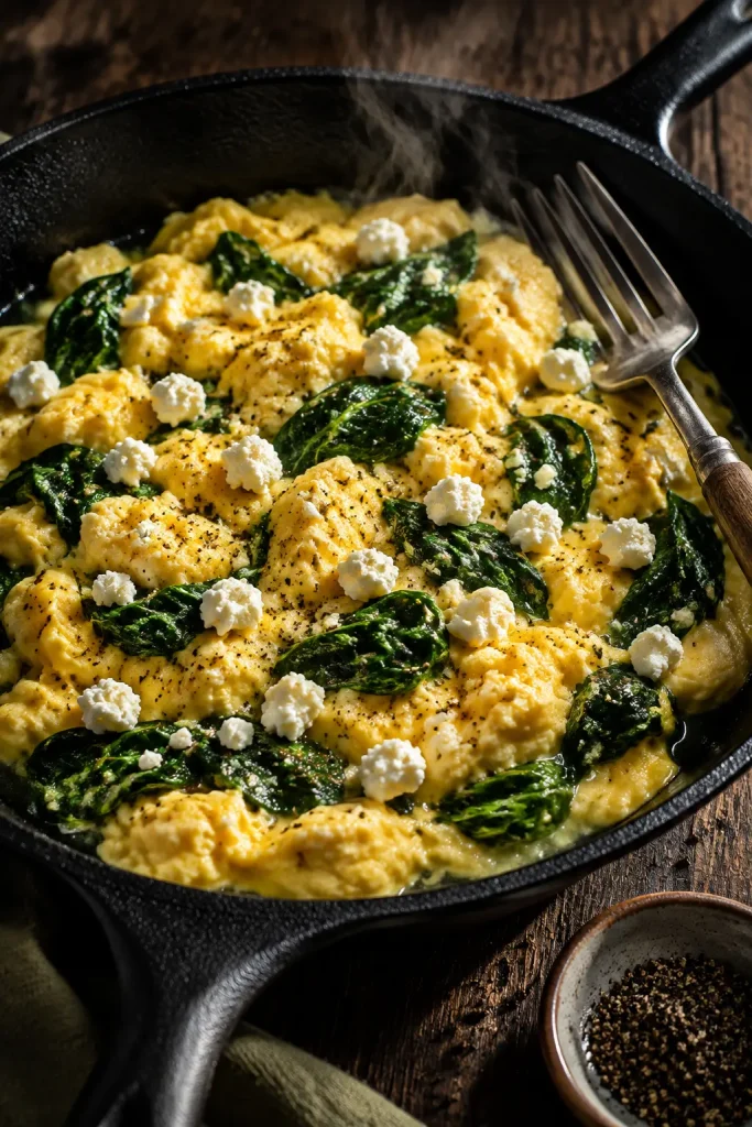Soft scrambled eggs with spinach and crumbled feta in a cast iron skillet