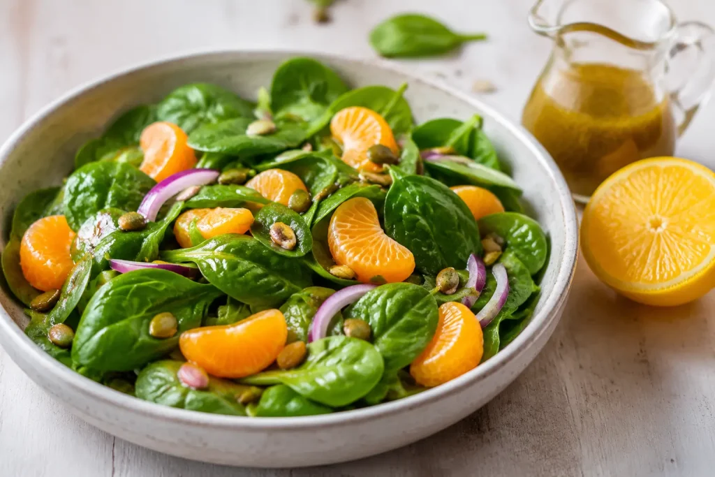 Baby spinach salad with mandarin orange segments and pumpkin seeds pairing iron with vitamin C