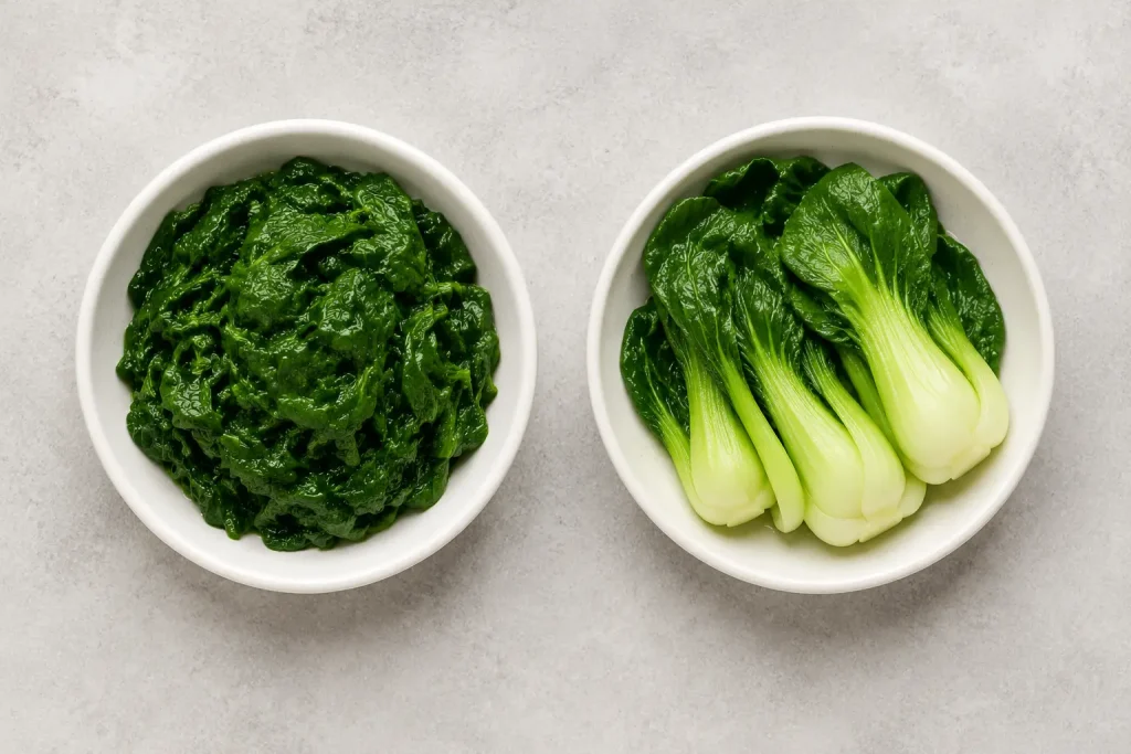 Bowls of cooked spinach and cooked bok choy side by side