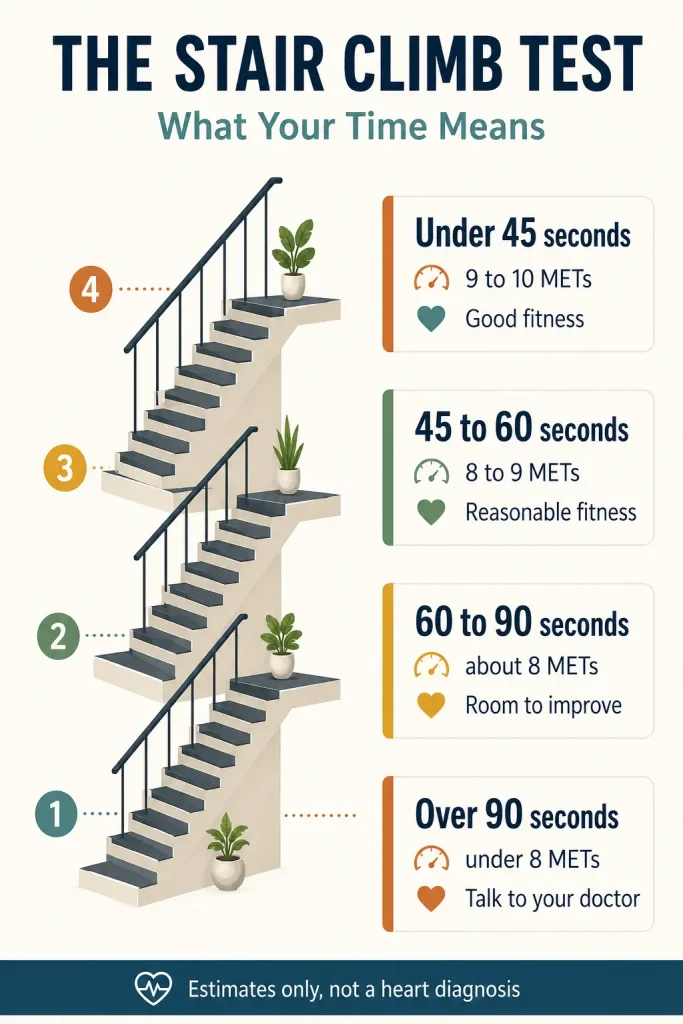 Chart showing stair climb test times from under 45 seconds to over 90 seconds with estimated MET ranges for each