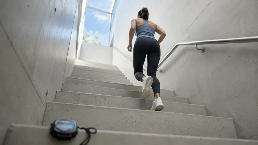 Person climbing a bright indoor stairwell with a stopwatch resting on the bottom step