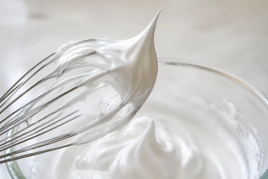Whisk lifted from a bowl showing egg whites whipped to a firm standing peak — place under "Whip and fold"