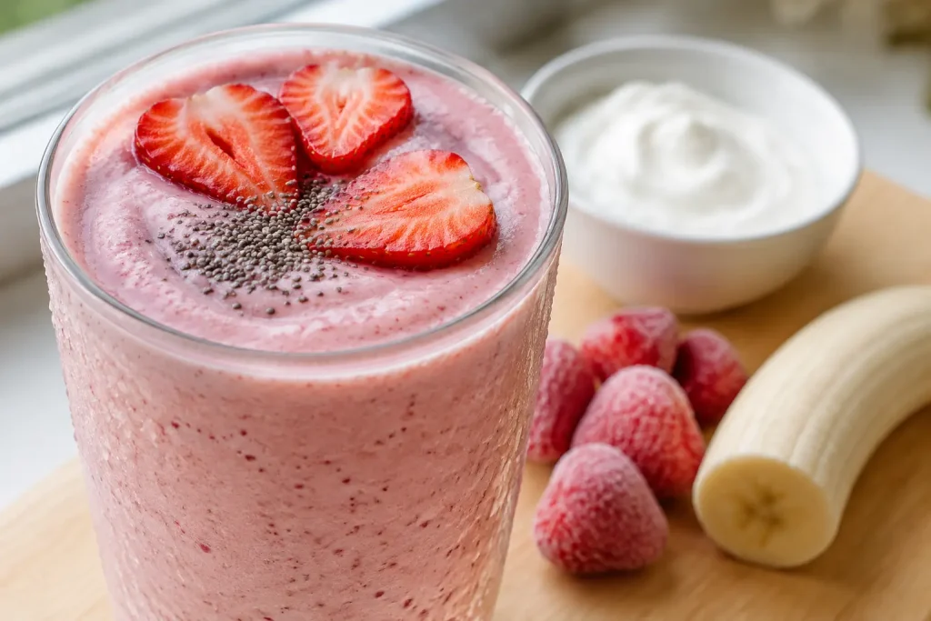 Thick strawberry smoothie in a tall glass topped with fresh strawberry halves and chia seeds beside Greek yogurt and frozen berries