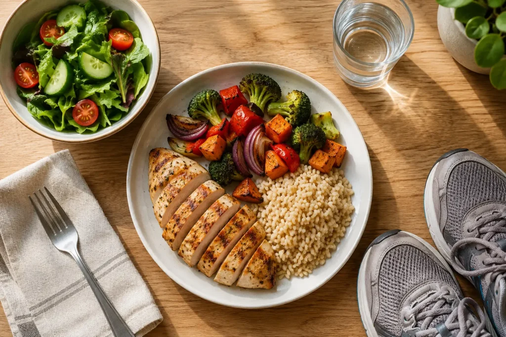 Balanced plate of chicken, vegetables and brown rice with a salad, water and walking shoes representing a sustainable approach