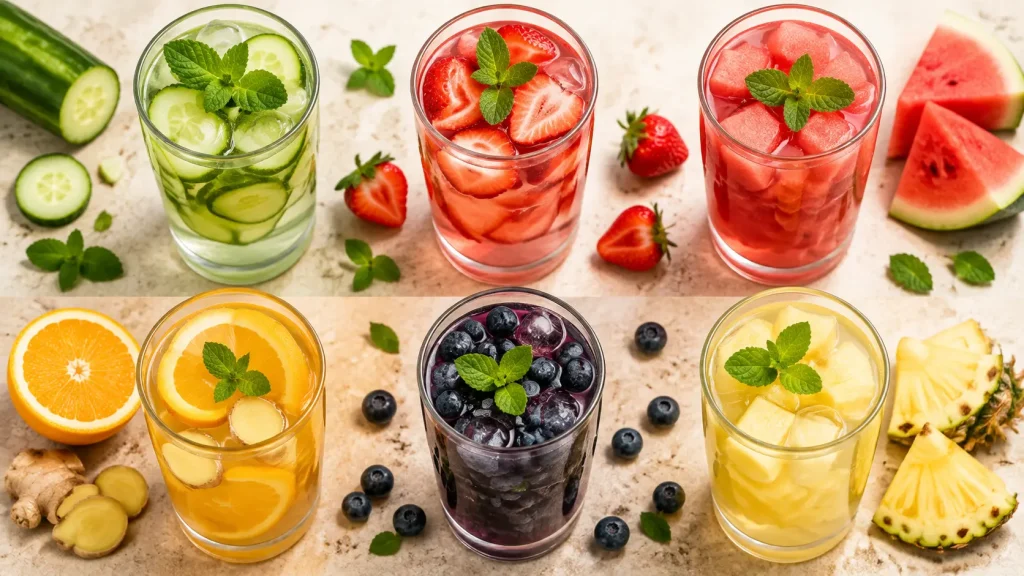 Six glasses of infused water in different colors including cucumber mint, strawberry, watermelon, orange ginger, blueberry and pineapple place under "10 Infused Water Recipes"