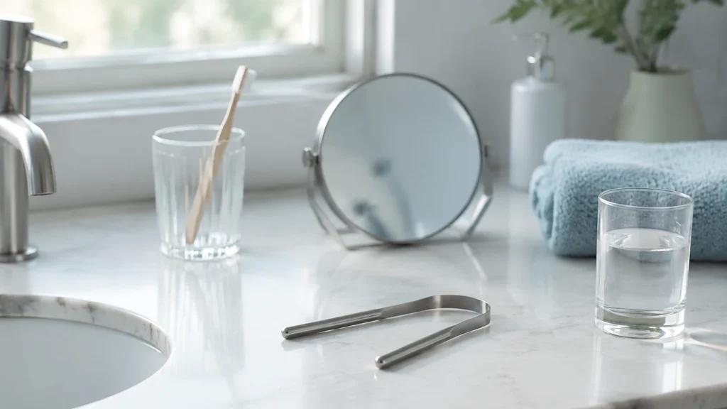 Stainless steel tongue scraper, toothbrush, hand mirror and glass of water on a bright bathroom counter