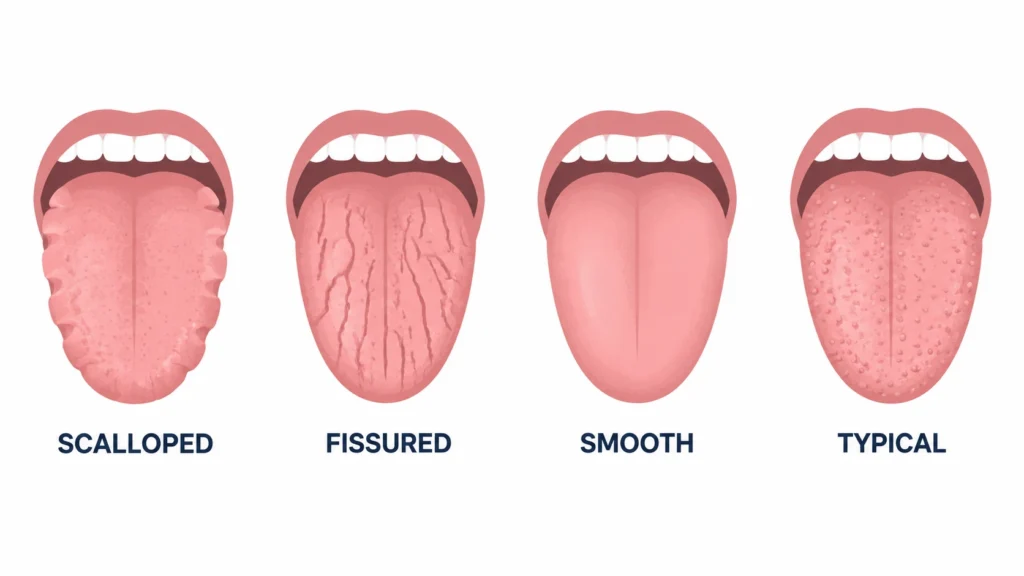 Four tongue illustrations comparing scalloped edges, fissured grooves, a smooth surface and typical texture