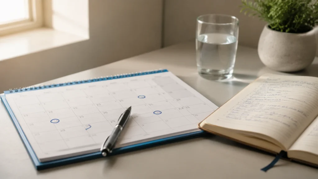 Calendar with circled dates beside a notebook and pen for tracking how long symptoms have lasted