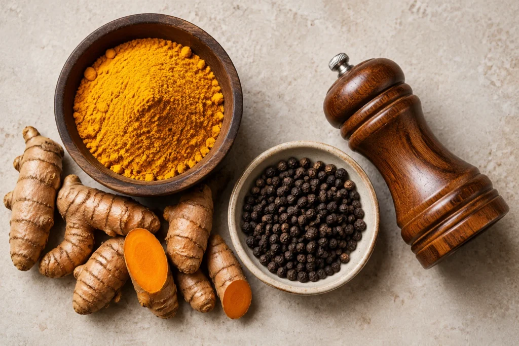 Bowl of golden turmeric powder with fresh turmeric root beside whole black peppercorns and a grinder place under the turmeric section