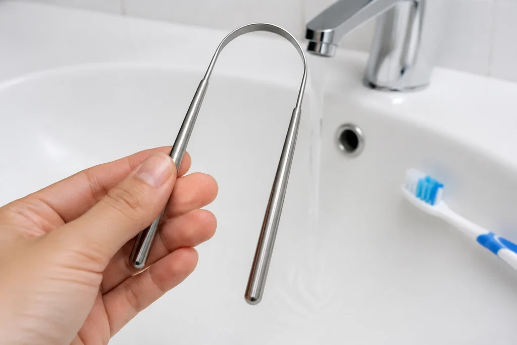Stainless steel tongue scraper held over a white sink with a toothbrush in the background