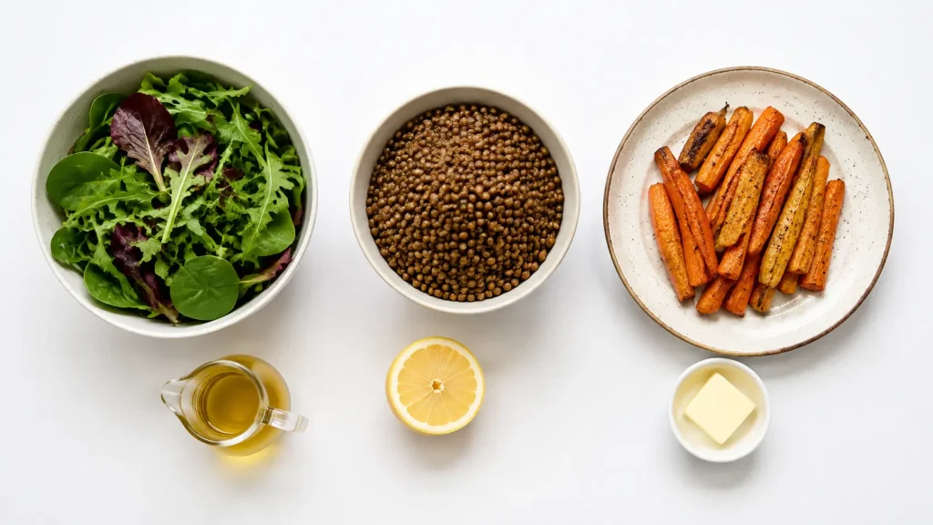 Three food pairings showing salad with olive oil, lentils with lemon and carrots with butter for better vitamin absorption — place under "What Helps and What Blocks Absorption"