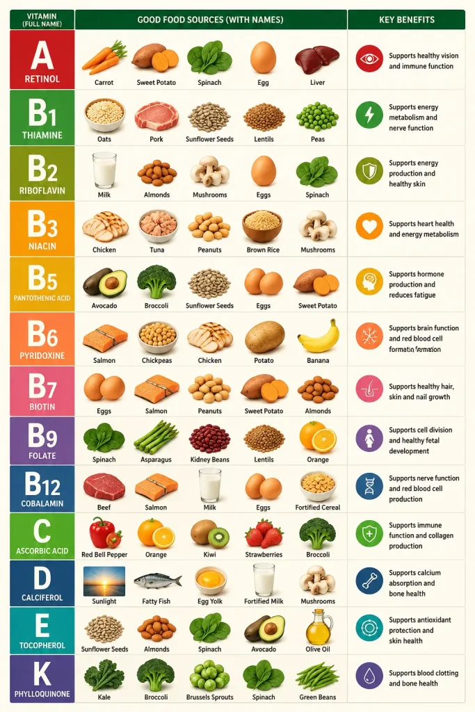 Chart showing all 13 vitamins with their best food sources and key benefits, from vitamin A through vitamin K
