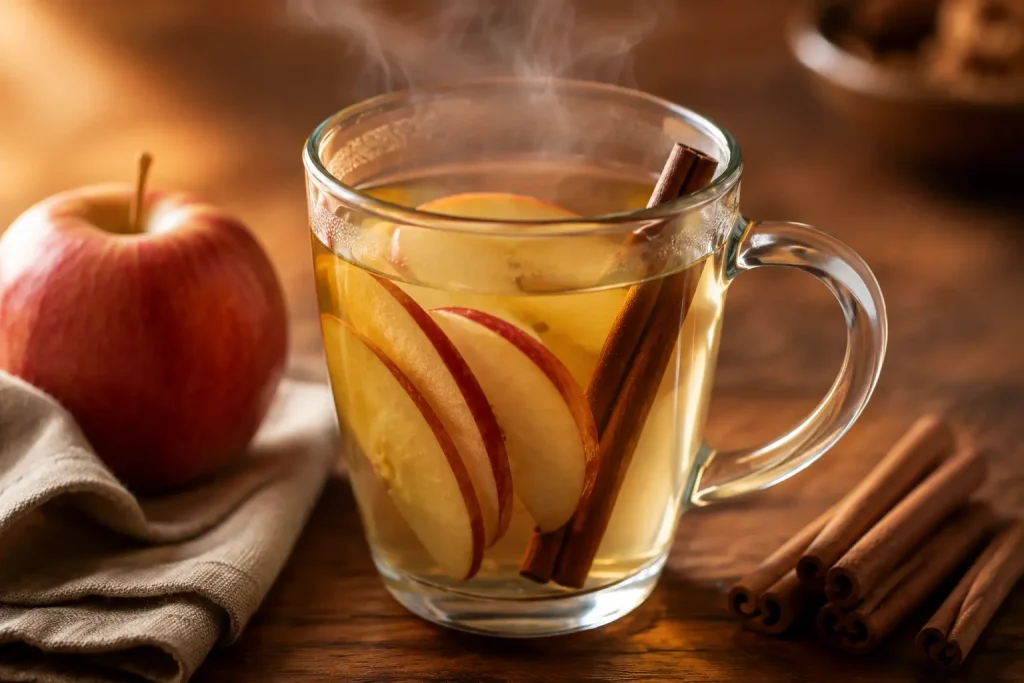 Glass mug of warm apple cinnamon water with apple slices and a cinnamon stick, steam rising place under "Warm Versions for Cold Months"