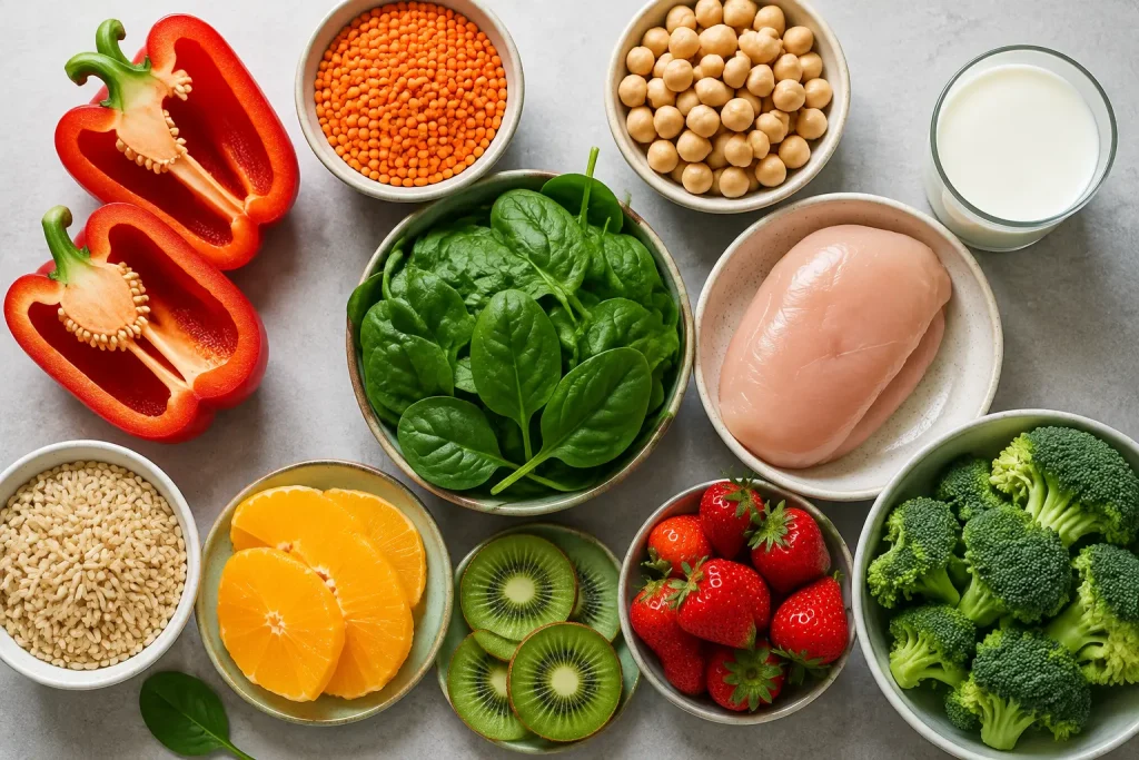 Bell peppers, oranges, kiwi, broccoli, spinach, lentils and chicken as sources of B vitamins and vitamin C