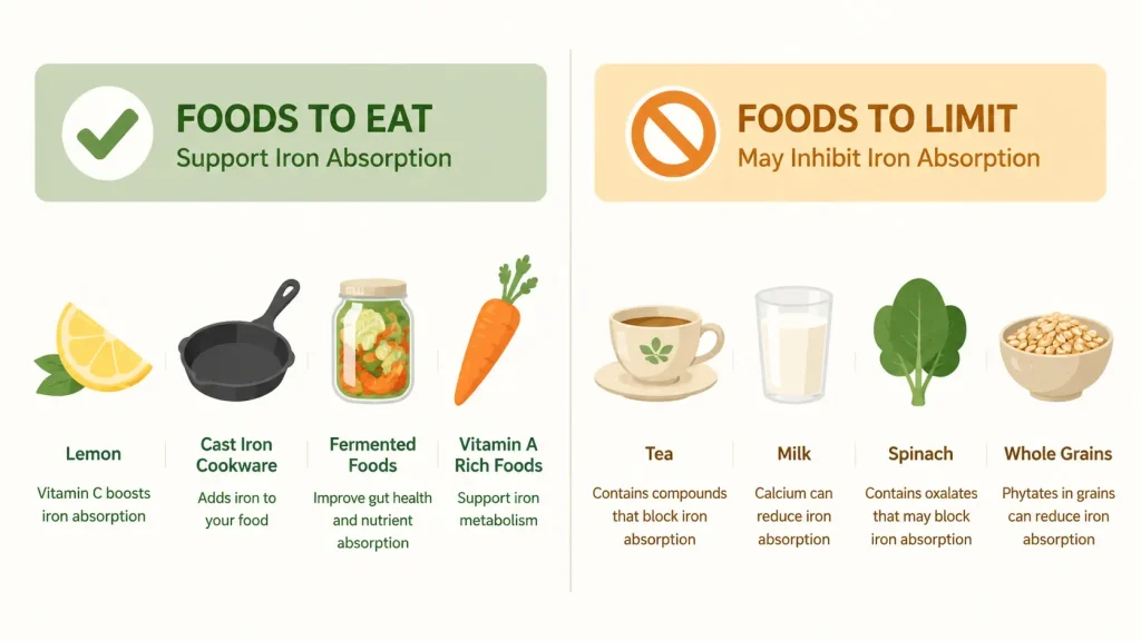 Diagram showing vitamin C, cast iron and fermented foods helping iron absorption while tea, dairy, oxalates and phytates block it