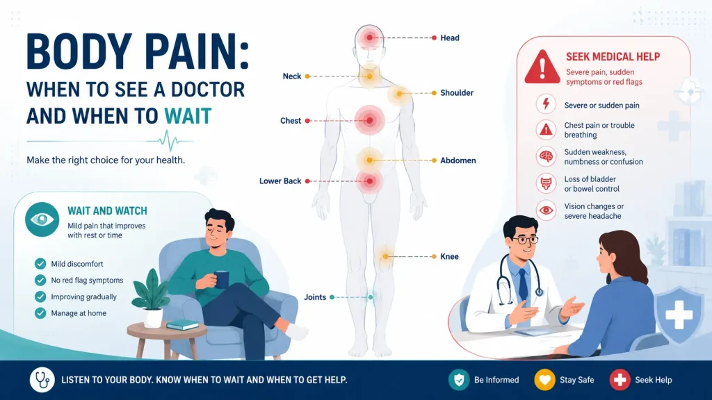 Body diagram marking twelve pain areas color coded by urgency, with chest and head in red and joints in teal