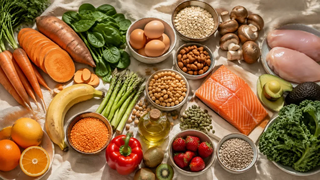 Overhead spread of carrots, spinach, eggs, salmon, almonds, bell peppers, kale and other whole foods covering every vitamin