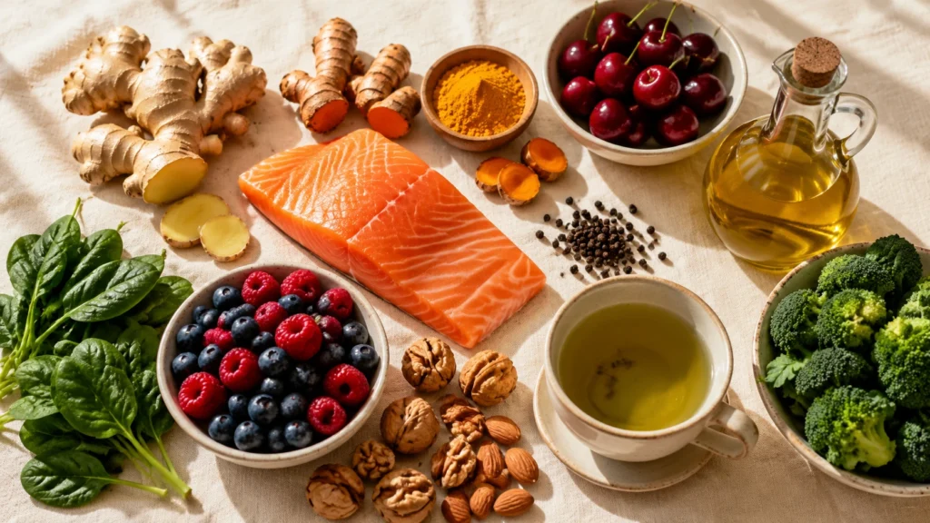 Ginger, salmon, turmeric, tart cherries, olive oil, berries, spinach, nuts and green tea arranged on linen