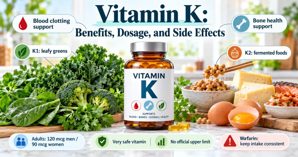 Vitamin K benefits, dosage, and side effects infographic showing K1 and K2 food sources, blood clotting, bone health, daily intake, and warfarin safety warnings.