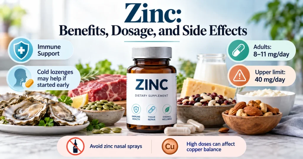 Zinc benefits, dosage, and side effects infographic showing zinc-rich foods, immune support, recommended daily intake, and safety warnings.